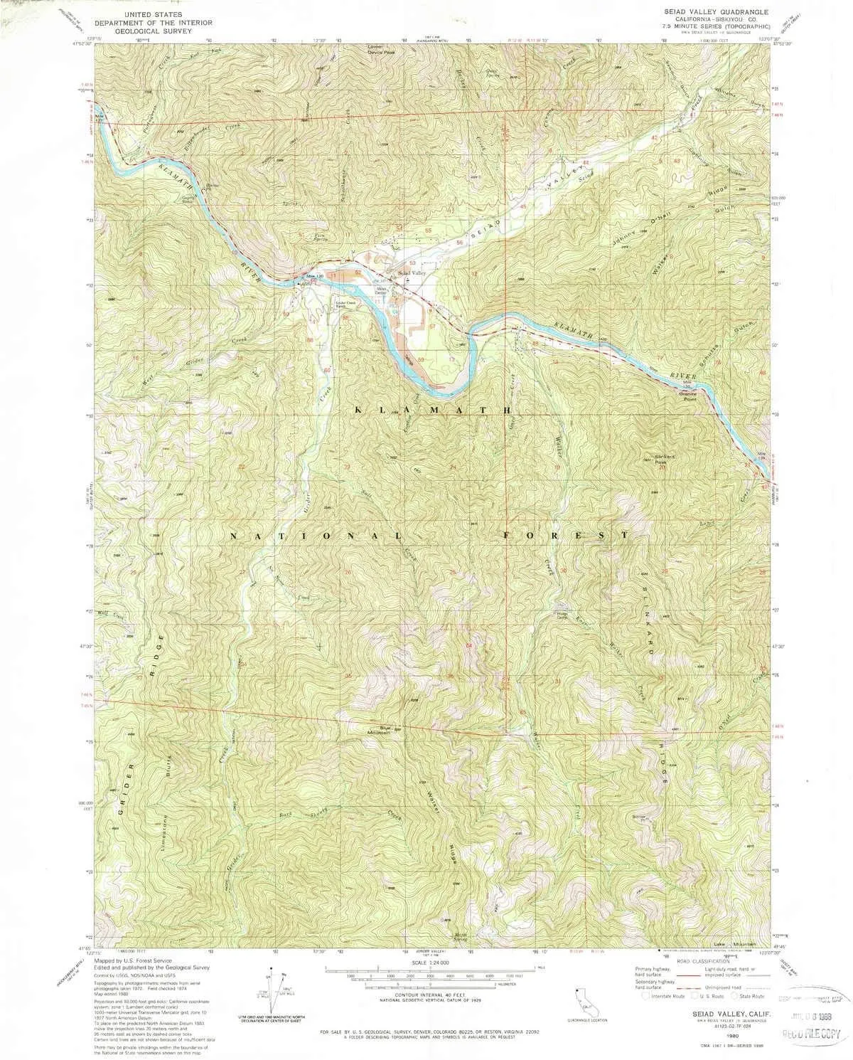 Seiad Valley CA topo map, 1:24000 Scale, 7.5 X 7.5 Minute, Historical, 1980, Updated 1988, 26.8 x 21.4 in