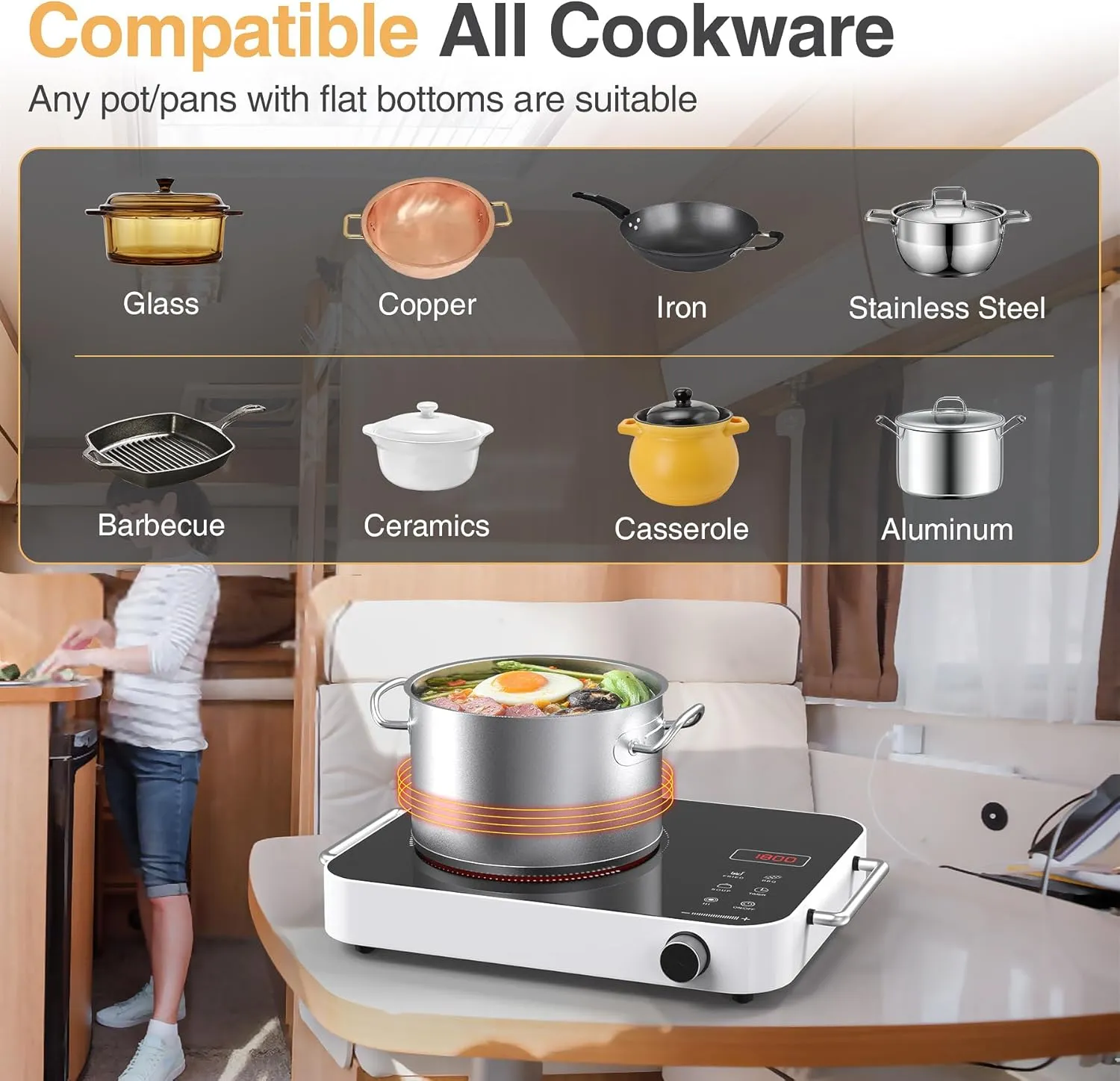 Single Burner Electric Cooktop,1800W 110V Electric Stove Top with Knob Control, Portable Cooktop with 2 Handle,single burner electric stove with Double Ring Heating, 4 hours Timer