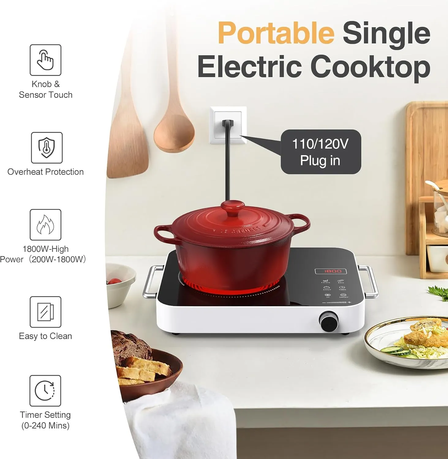 Single Burner Electric Cooktop,1800W 110V Electric Stove Top with Knob Control, Portable Cooktop with 2 Handle,single burner electric stove with Double Ring Heating, 4 hours Timer