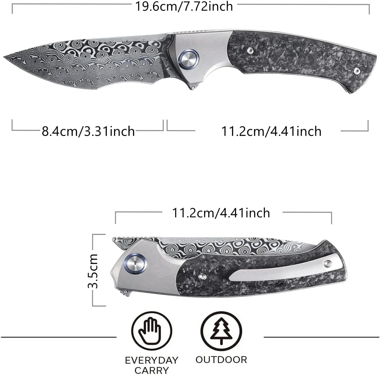 Sitivien ST255 Damascus Steel Folding Knife,Damascus Rose Print Pattern Blade,Titanium Carbon Fiber Handle EDC Knife for Outdoor Survival Collection(Gray)