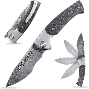 Sitivien ST255 Damascus Steel Folding Knife,Damascus Rose Print Pattern Blade,Titanium Carbon Fiber Handle EDC Knife for Outdoor Survival Collection(Gray)