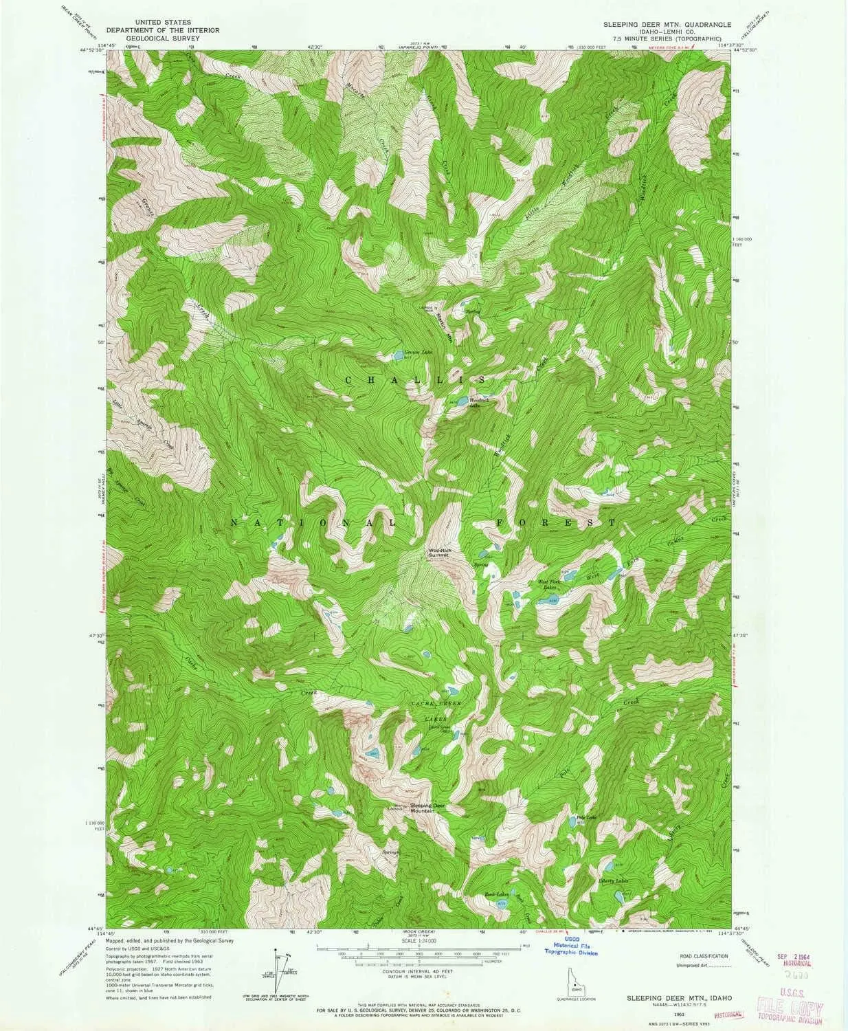 Sleeping Deer Mountain ID topo map, 1:24000 Scale, 7.5 X 7.5 Minute, Historical, 1963, Updated 1964, 26.7 x 22 in