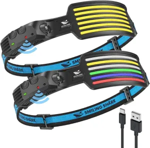 Smiling Shark Rechargeable Headlamp, 2 Pack Wide Angle 5 Colors White Yellow Red Blue Green The Brightest LED Head Lamp with Motion Sensor Waterproof Headlight