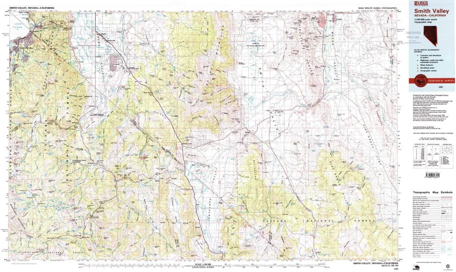 Smith Valley NV topo map, 1:100000 Scale, 30 X 60 Minute, Historical, 1985, Updated 1985, 24.1 x 41.2 in