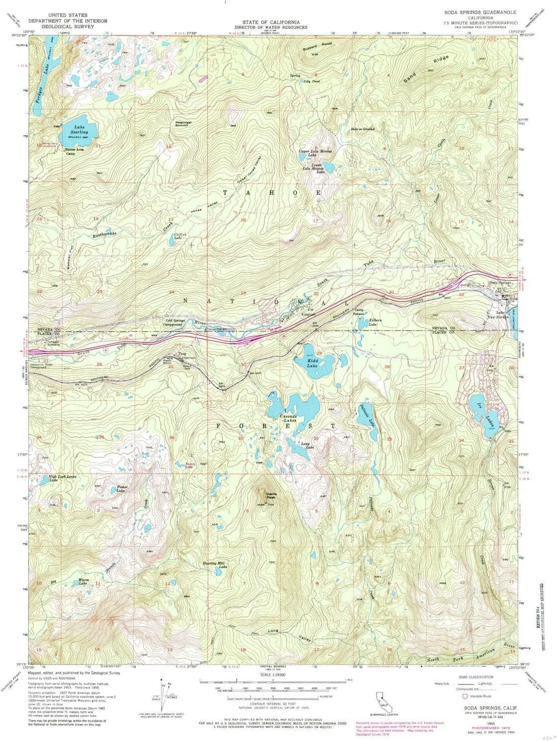 Soda Springs CA topo map, 1:24000 Scale, 7.5 X 7.5 Minute, Historical, 1955, Updated 1985, 26.9 x 22 in