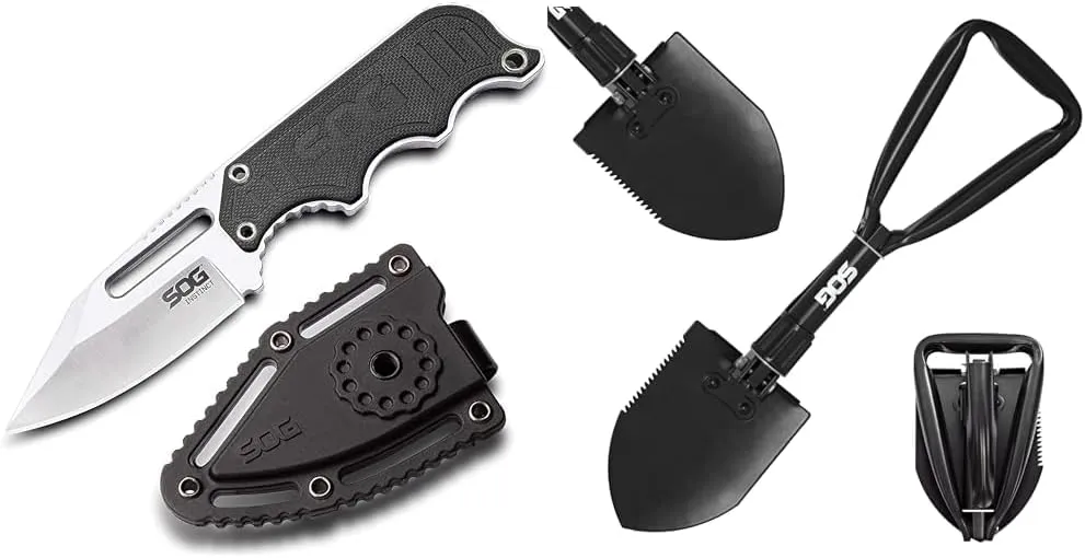 SOG 2.3" Fixed Blade Knife and 18.25" Folding Survival Shovel Bundle
