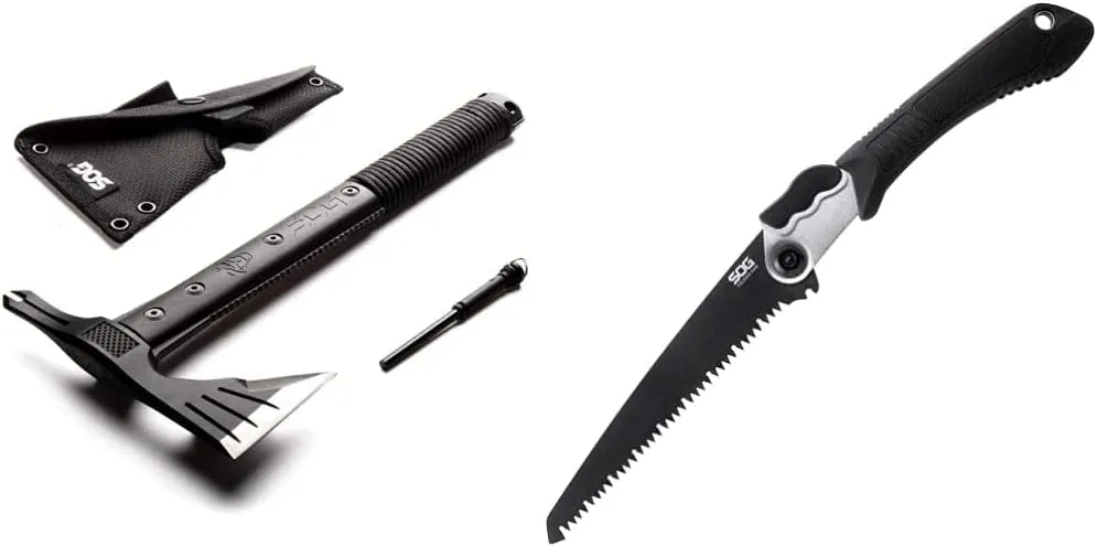 SOG Survival Hawk - Specialty Outdoor Tactical Hatchet, Fire Starter, Nail Puller & Folding Saw - Wood Saw, Hand Saw, Pruning Saw and Camping Saw with 8.25 Inch Removable Blade and Compact Sheath