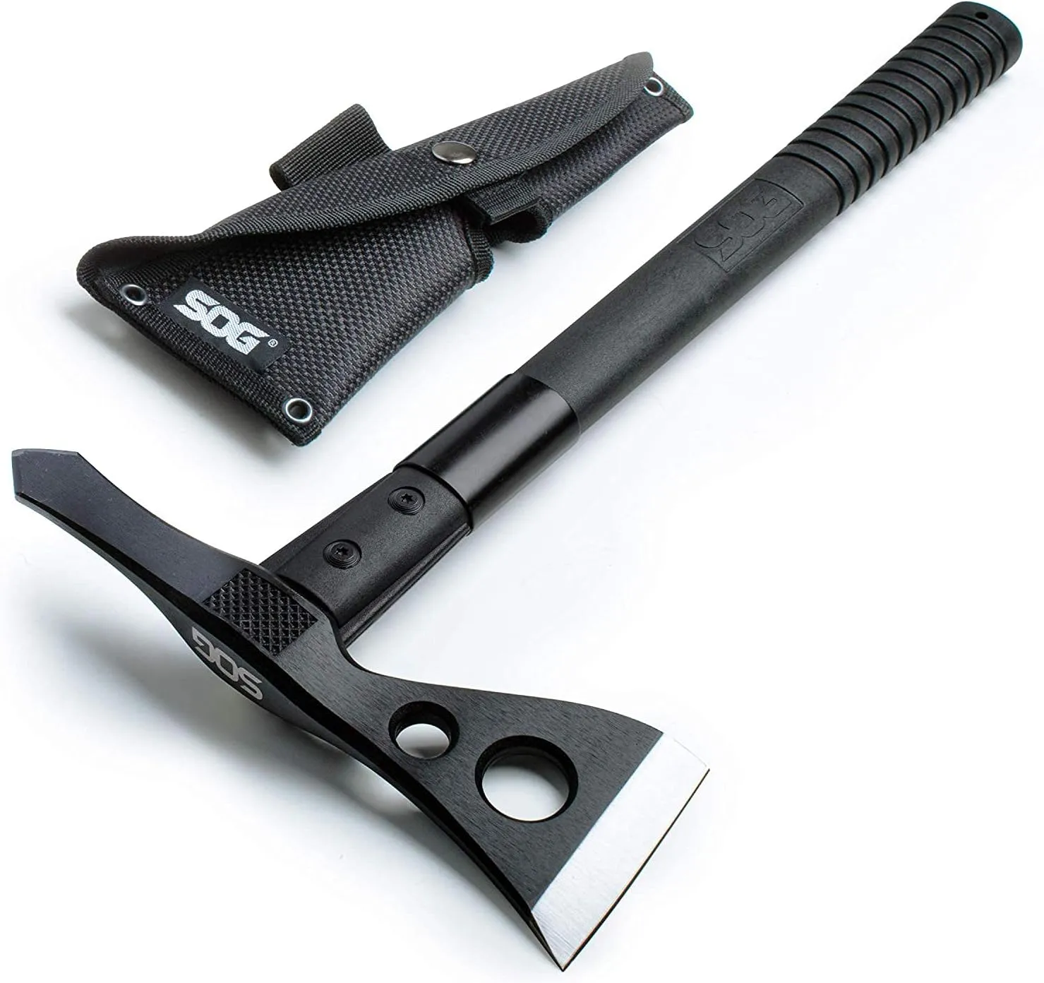 SOG Tactical Tomahawk- Throwing Hatchet, Versatile Survival Tactical Axe and Emergency Breaching Tool & Entrenching Tool- 18.25 Inch Folding Survival Shovel with Wood Saw Edge - Black (F08-N)