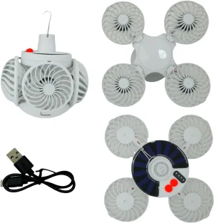 Solar Foldable 4-Head Fan Light with Hook, USB/Solar Charging for Outdoor Cooling & Lighting, Compatible with 3cm Pole (Optional) - Portable for Tents, Coops, Power Outage Use‌