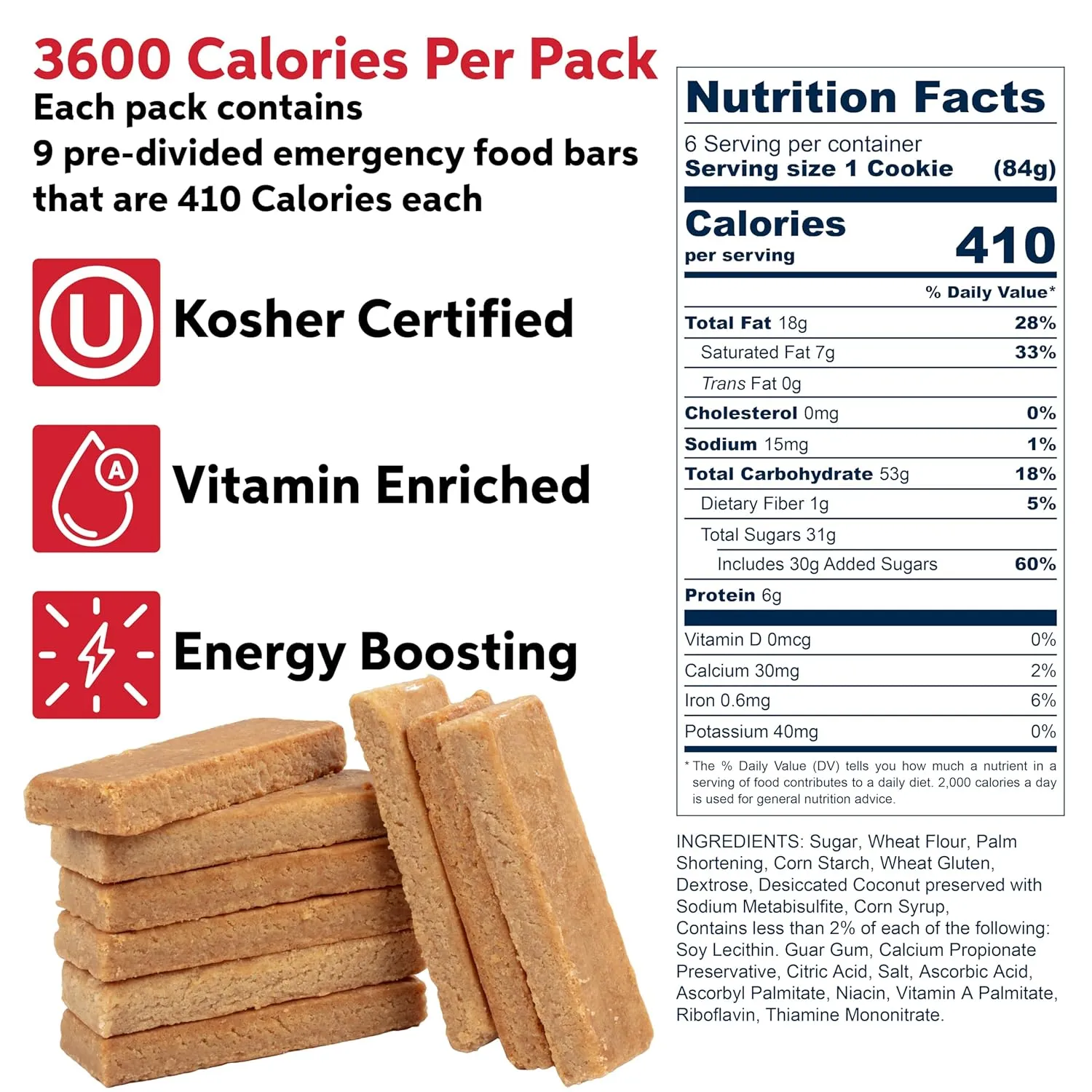 SOS Food Lab Emergency Food Bar - 3600 Calorie Ration (2 Pack Shortbread Cookie) - 3 Day/72 Hour Ready to Eat Supply for Camping, Hiking, Disaster Preparedness - 5 Year Shelf Life Energy Survival Food