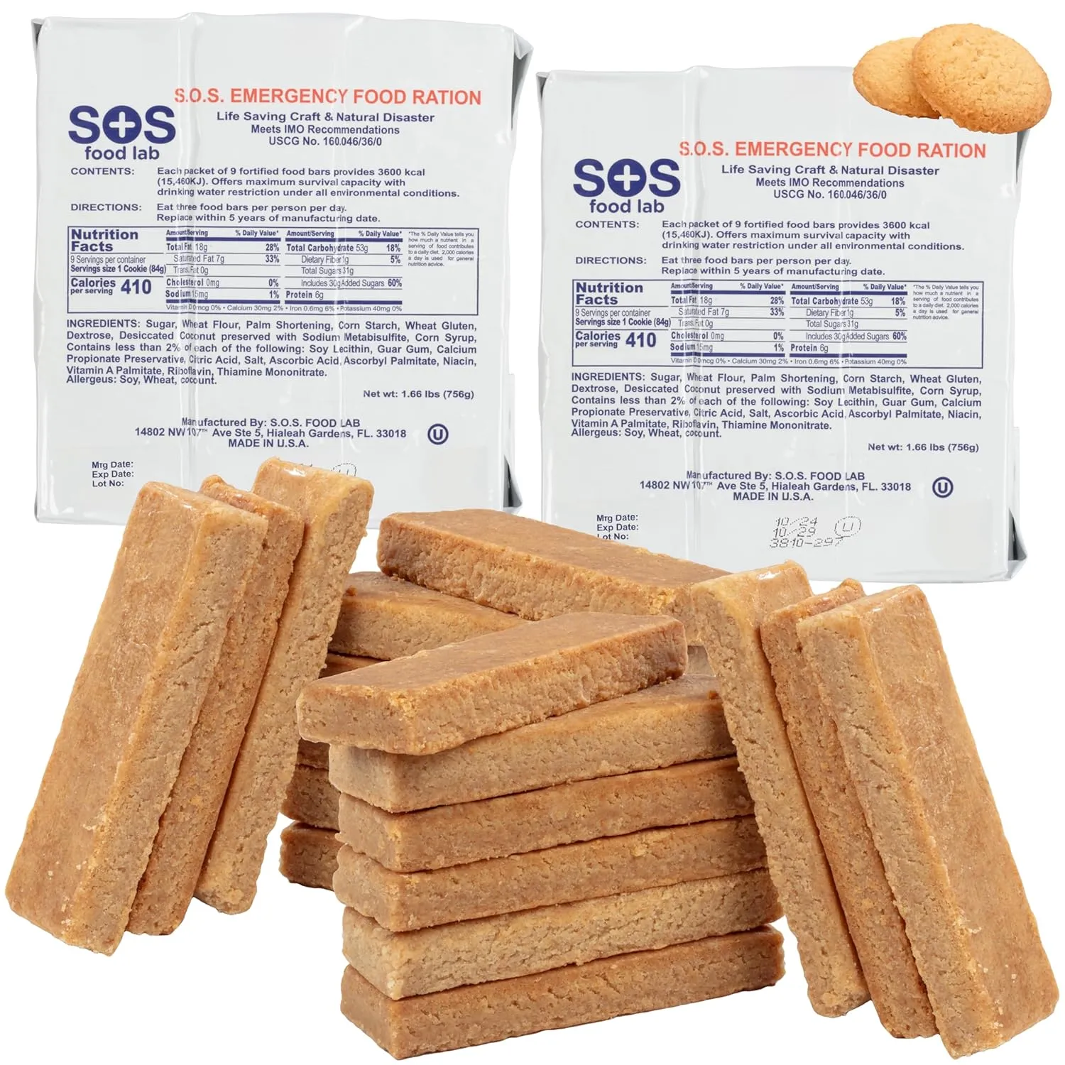 SOS Food Lab Emergency Food Bar - 3600 Calorie Ration (2 Pack Shortbread Cookie) - 3 Day/72 Hour Ready to Eat Supply for Camping, Hiking, Disaster Preparedness - 5 Year Shelf Life Energy Survival Food