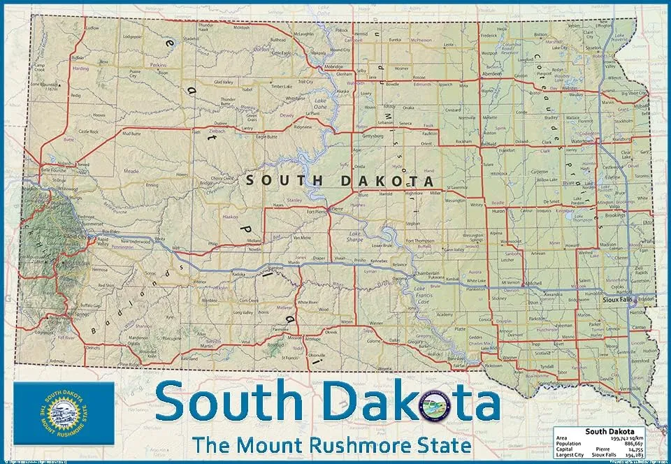 South Dakota State Physical Poster Map - 16.5 x 23.8 Inches - Paper Laminated