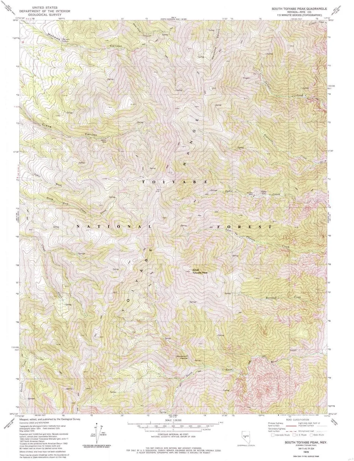 South Toiyabe Peak NV topo map, 1:24000 Scale, 7.5 X 7.5 Minute, Historical, 1979, Updated 1985, 26.8 x 22 in