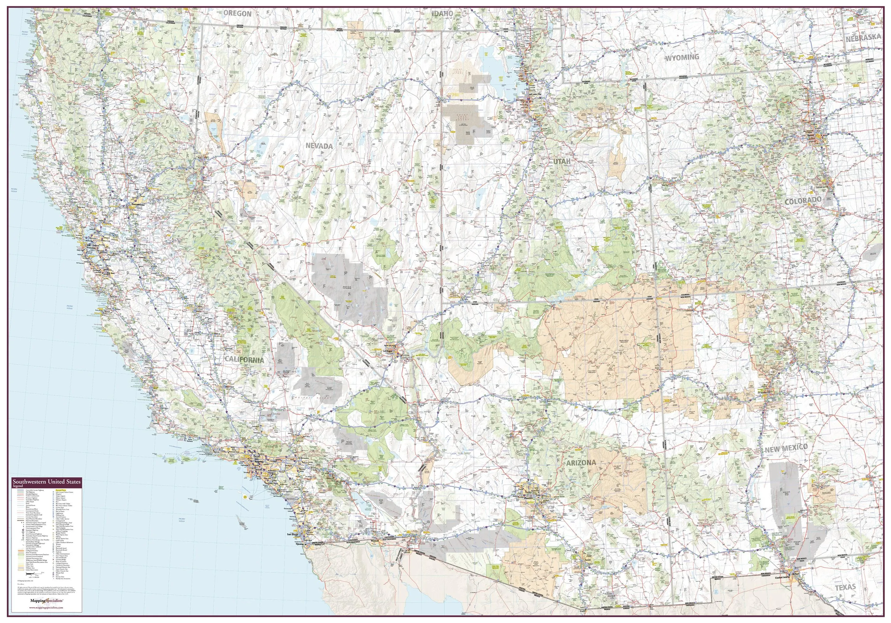 Southwestern United States Wall Map 1325 x 928mm