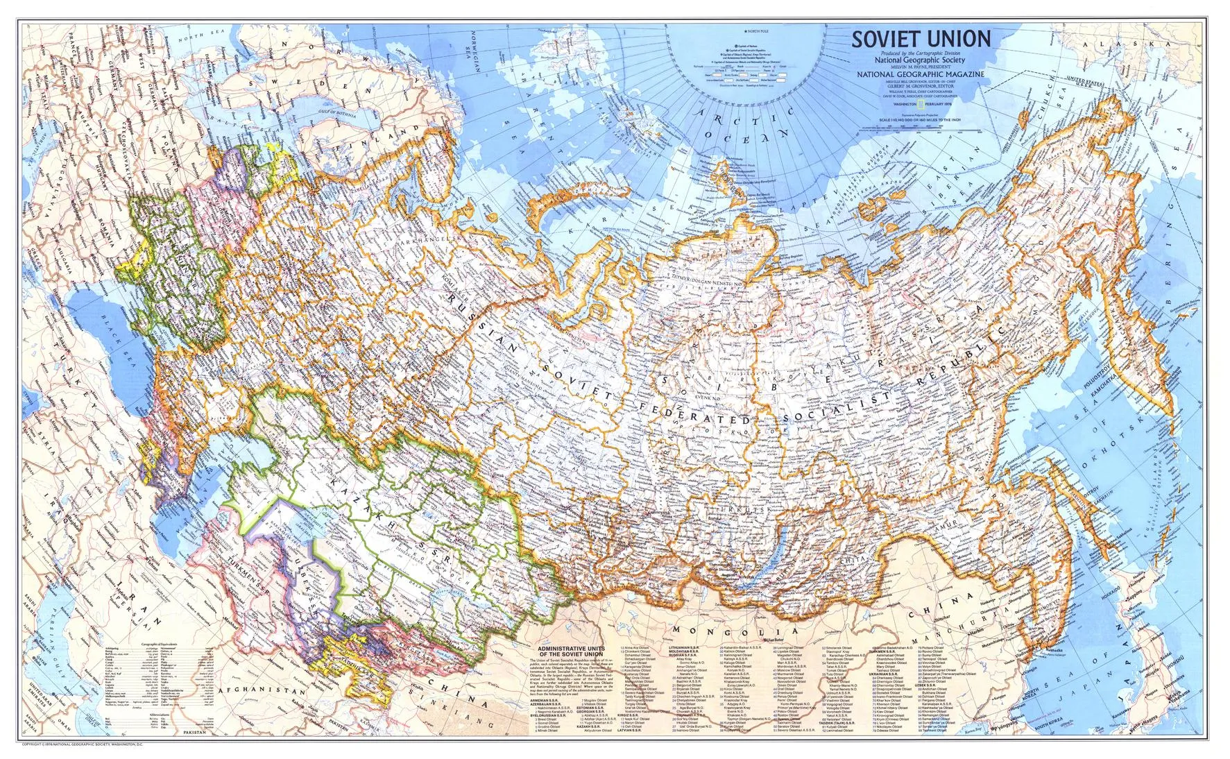 Soviet Union Wall Map - Published 1976 by National Geographic