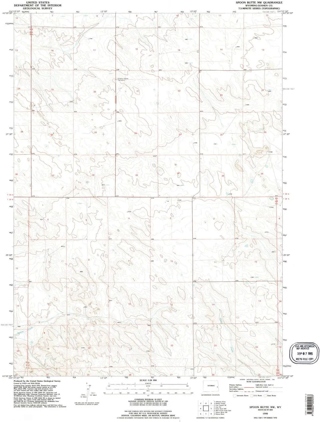 Spoon Butte NW WY topo map, 1:24000 Scale, 7.5 X 7.5 Minute, Historical, 1990, Updated 1995, 26.9 x 21.3 in