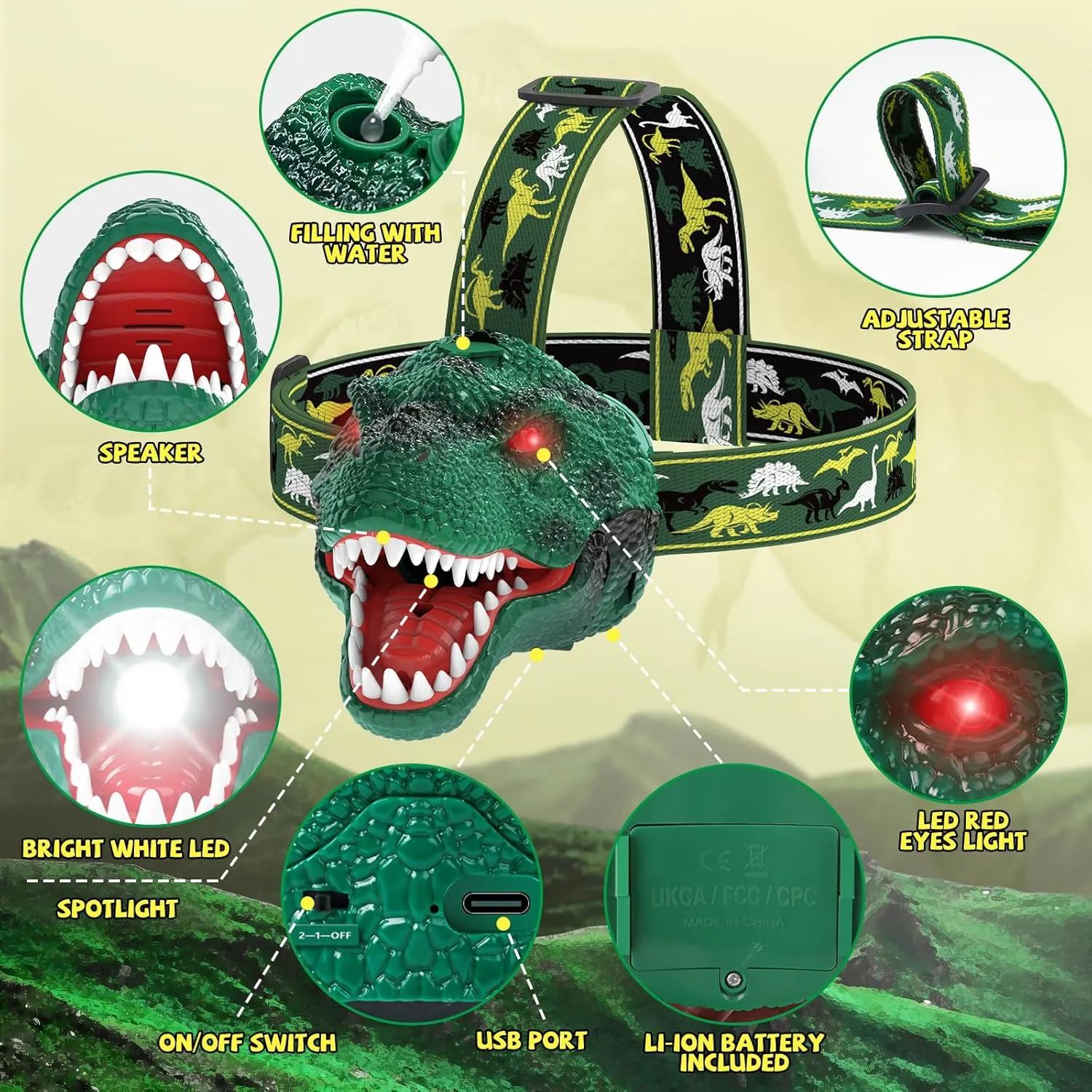 Spray Dinosaur Headlamp for Kids Flashlight 2 Pack, Rechargeable Led Headlights Roar & Silent Mode, T-Rex Dinosaur Toys for Kids 3 4 5 6 7 8, Camping Gear, Easter Gifts for Boys Girls Adults