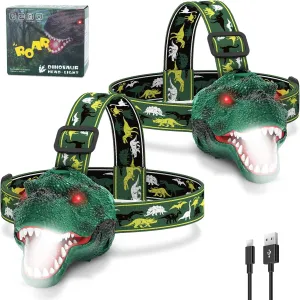 Spray Dinosaur Headlamp for Kids Flashlight 2 Pack, Rechargeable Led Headlights Roar & Silent Mode, T-Rex Dinosaur Toys for Kids 3 4 5 6 7 8, Camping Gear, Easter Gifts for Boys Girls Adults