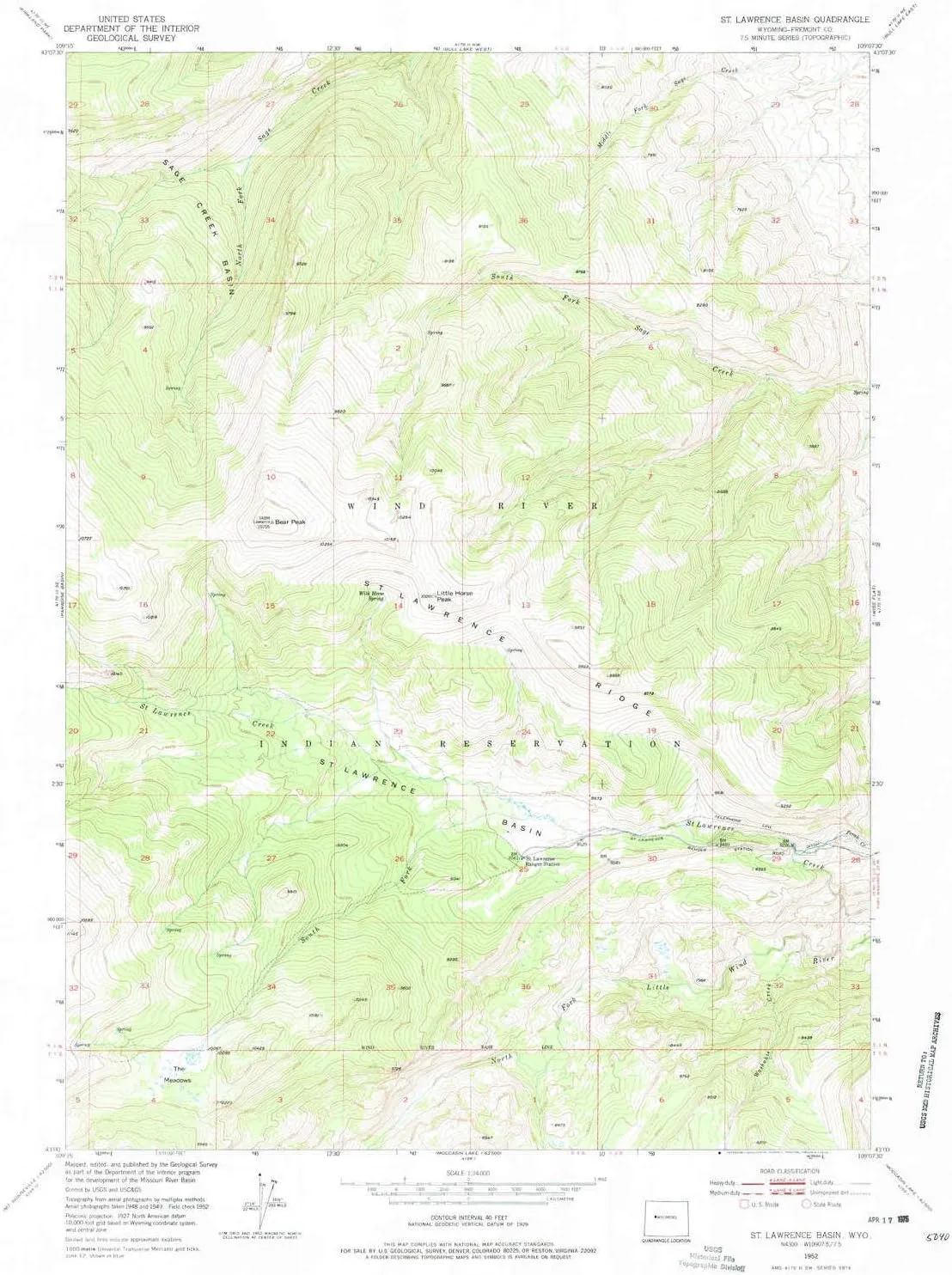 St Lawrence Basin WY topo map, 1:24000 Scale, 7.5 X 7.5 Minute, Historical, 1962, Updated 1975, 26.8 x 21.4 in