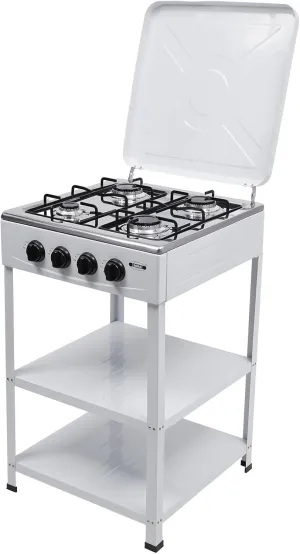 Standing Gas Stove with 4 Burners Portable Gas Burner Stove with Wind Shield, 2 Storage Shelves, for RV, Apartment, Outdoor Camping Cooking (White)
