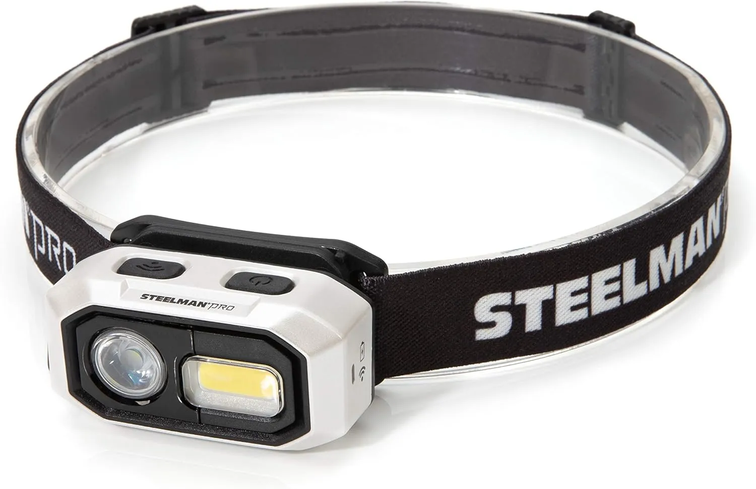 Steelman Pro 300 Lumen Hands-Free Motion-Activated LED Rechargeable Headlamp for Workshop or Outdoors, Spotlight and Area Light Modes, Removable Light, Fully Adjustable Headband