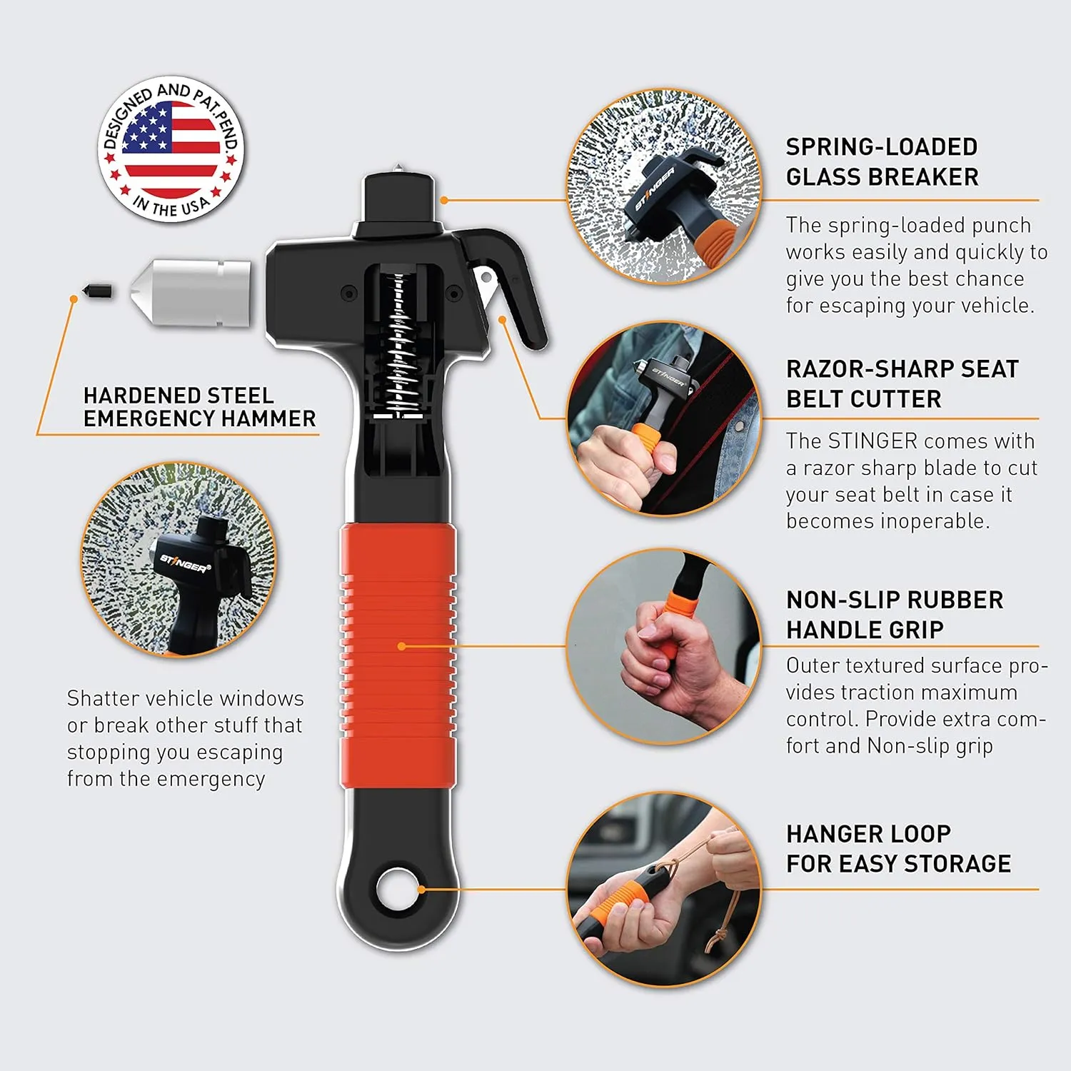 Stinger Super Duty Car Emergency Escape Tool, Hardened Carbon Steel Vehicle Safety Hammer, Spring Loaded Window Breaker, Razor Sharp Seat Belt Cutter, Auto Accident Life-Saving Rescue Tool (Orange)