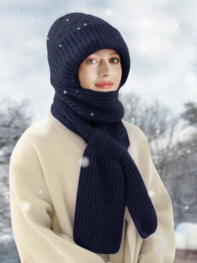 Sumolux Integrated Ear Protection Windproof Cap Scarf Elastic Knitting Thick