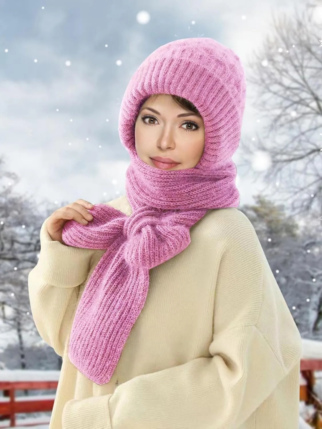 Sumolux Integrated Ear Protection Windproof Cap Scarf Elastic Knitting Thick
