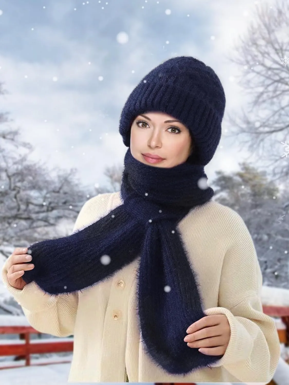 Sumolux Integrated Ear Protection Windproof Cap Scarf Elastic Knitting Thick