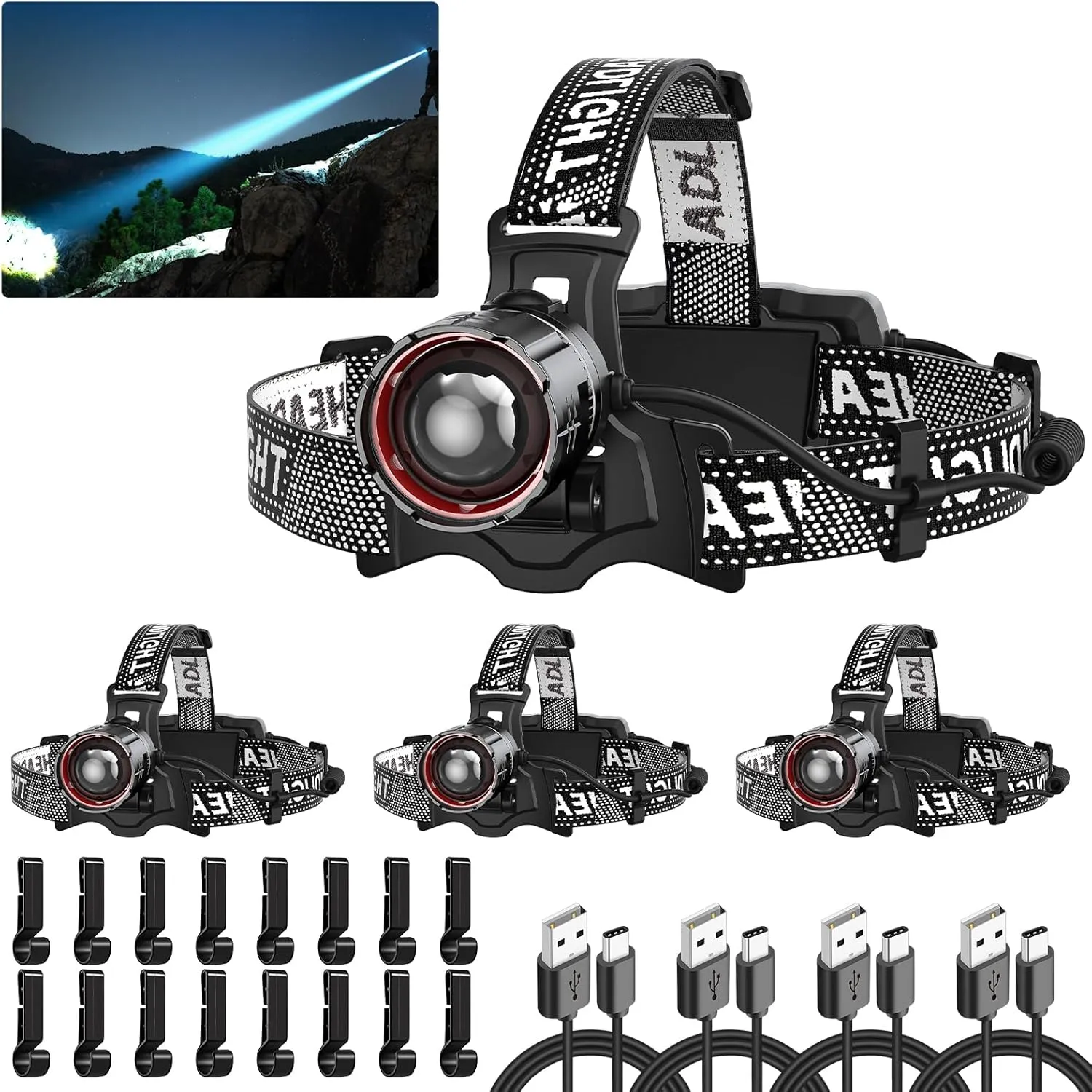 Super Bright LED Headlamp 4 Pack, High Lumen Rechargeable Head Lamp with Motion Sensor, 5 Modes, IPX5 Waterproof, 90° Adjustable, Zoomable Head Lights for Adults, Hard Hat, Outdoor, Camping