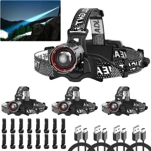 Super Bright LED Headlamp 4 Pack, High Lumen Rechargeable Head Lamp with Motion Sensor, 5 Modes, IPX5 Waterproof, 90° Adjustable, Zoomable Head Lights for Adults, Hard Hat, Outdoor, Camping
