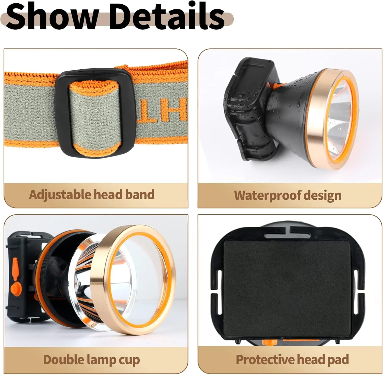 Superbright Rechargeable LED Headlamp,Waterproof Headlight with 2 Modes and Adjustable Headband,Perfect Head Troch for Camping, Hiking, Outdoors, Hunting (Yellow Light)