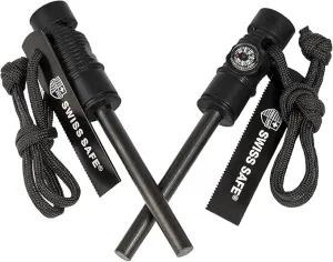 Swiss Safe 5-in-1 Fire Starter with Compass, Paracord and Whistle (2-Pack) for Emergency Survival Kits, Camping, Hiking, All-Weather Magnesium Ferro Rod