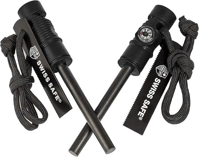 Swiss Safe 5-in-1 Fire Starter with Compass, Paracord and Whistle (2-Pack) for Emergency Survival Kits, Camping, Hiking, All-Weather Magnesium Ferro Rod