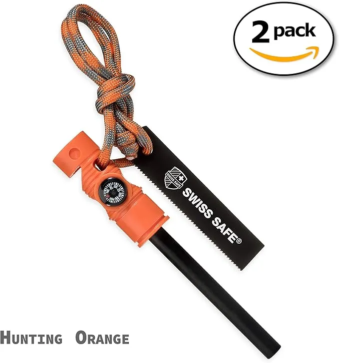 Swiss Safe 5-in-1 Fire Starter with Compass, Paracord and Whistle (2-Pack) for Emergency Survival Kits, Camping, Hiking, All-Weather Magnesium Ferro Rod