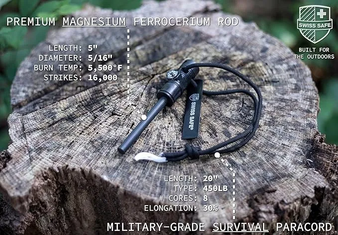 Swiss Safe 5-in-1 Fire Starter with Compass, Paracord and Whistle (2-Pack) for Emergency Survival Kits, Camping, Hiking, All-Weather Magnesium Ferro Rod