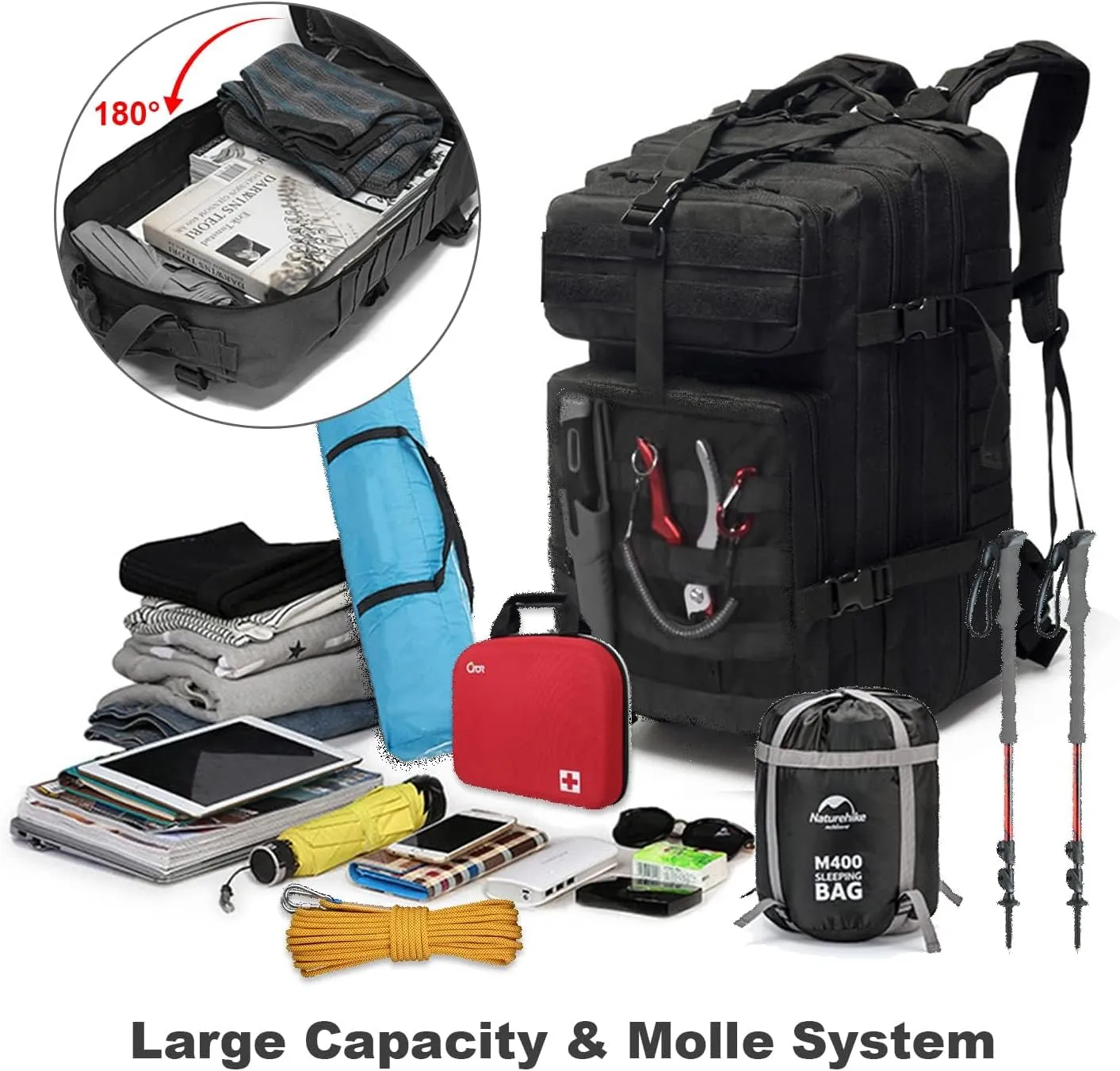 Tactical Military Backpack for Man, 50L Waterproof Army Pack Rucksack Hiking Laptop Backpack 3 Day Bug Out Bag, Includes Two Flags and Two Carabiner