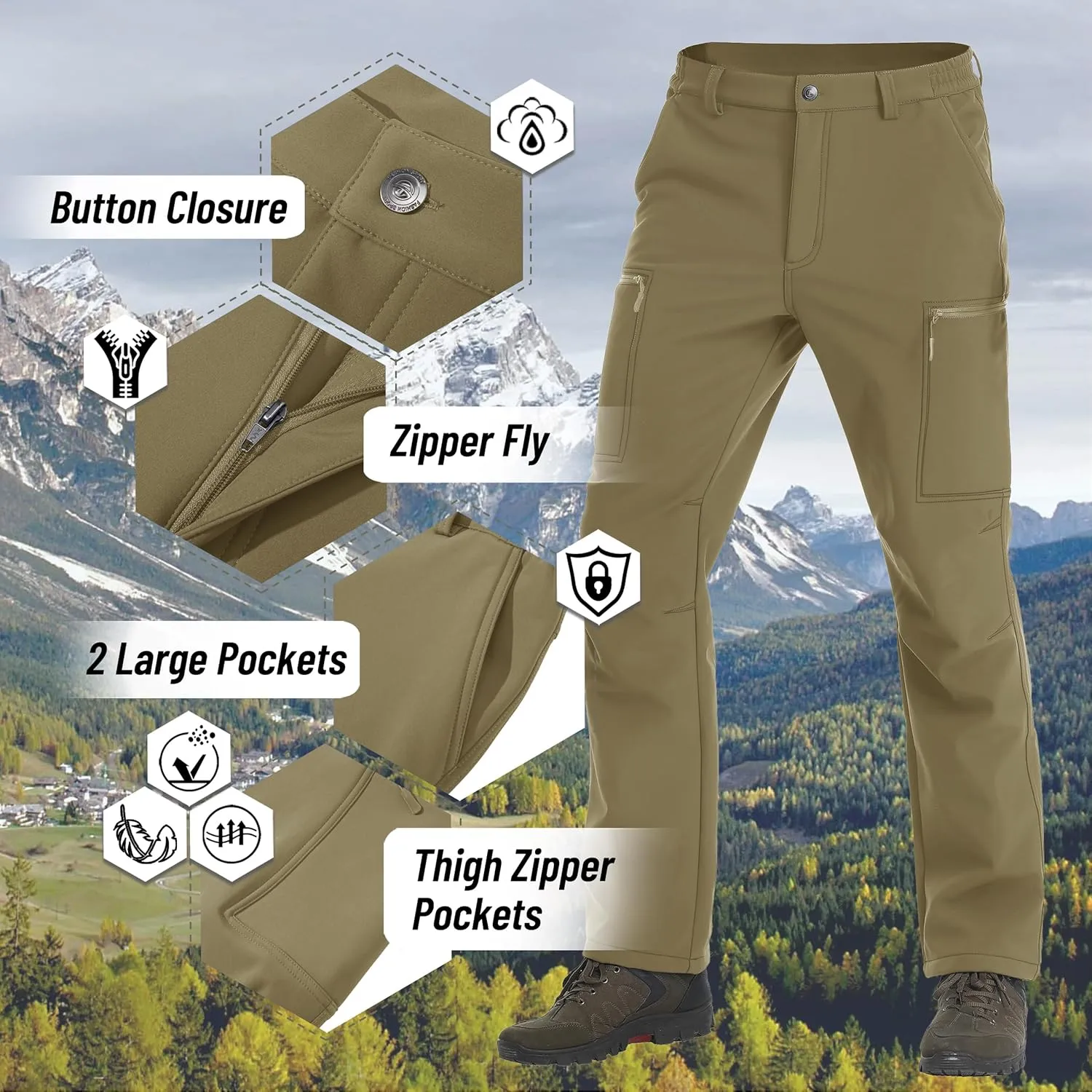TACVASEN Men's Hiking Pants Fleece Lined Cargo Work Pants with 5 Pockets for Fishing Camping Travel