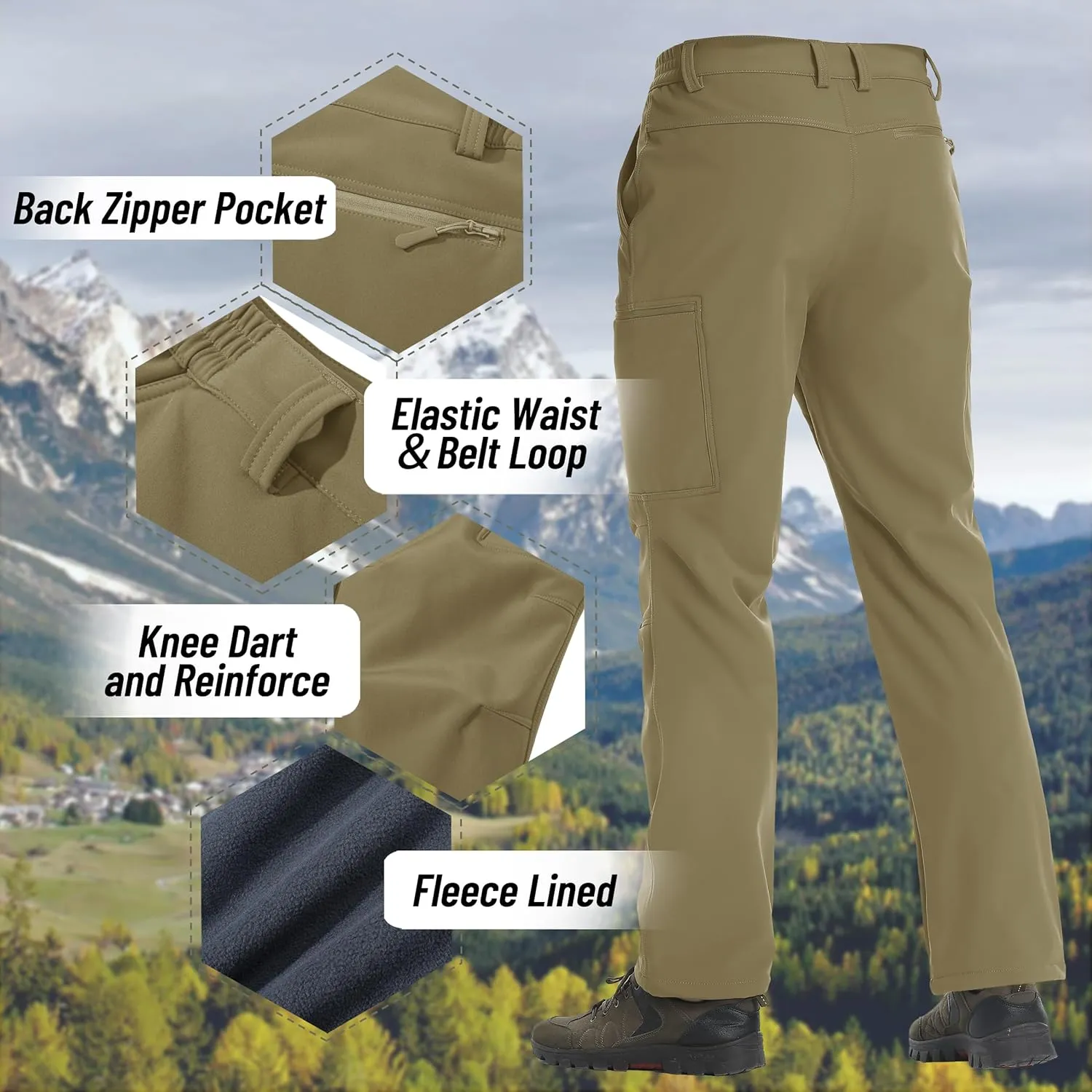 TACVASEN Men's Hiking Pants Fleece Lined Cargo Work Pants with 5 Pockets for Fishing Camping Travel
