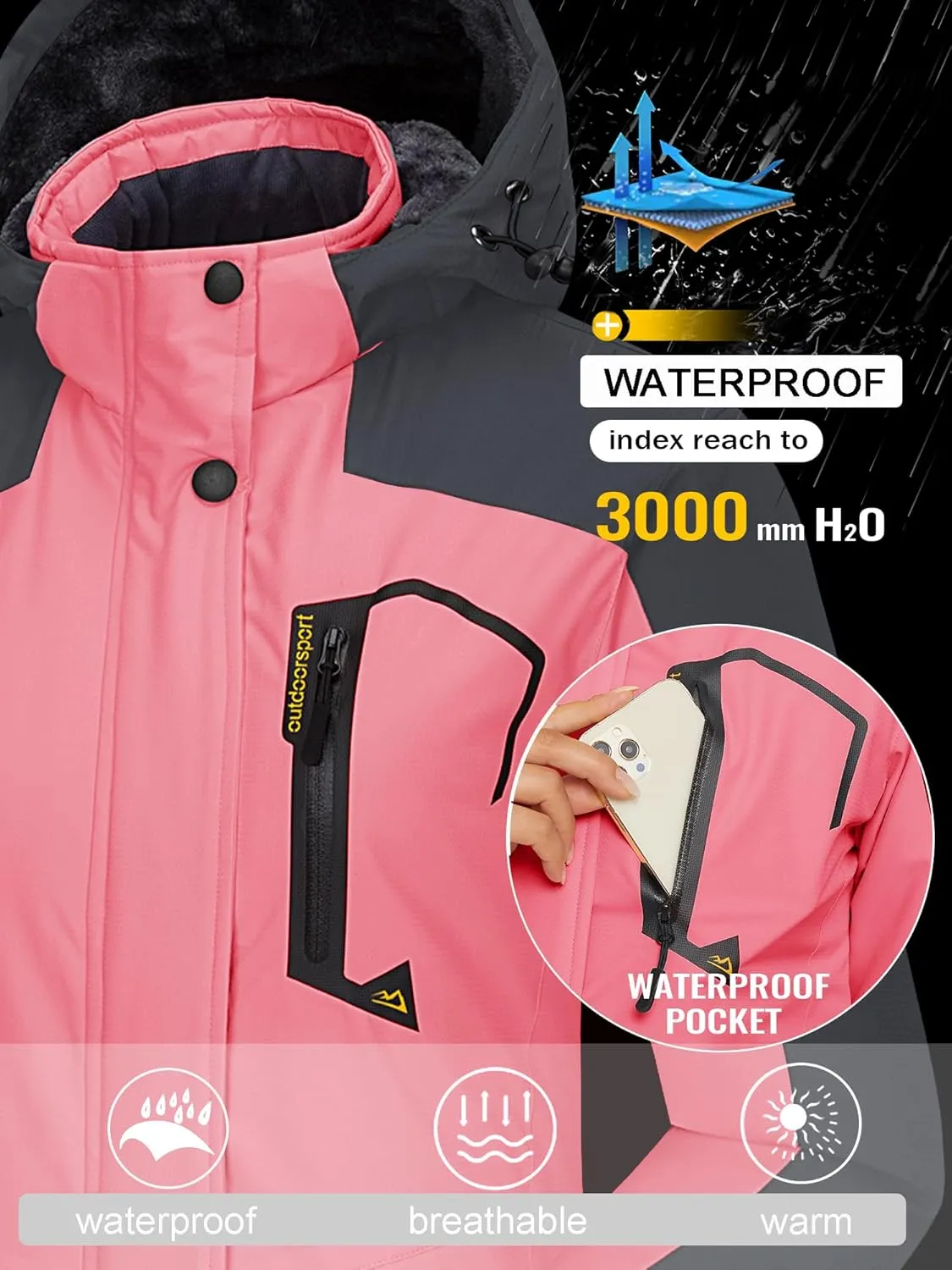 TACVASEN Women's Winter Jacket Waterproof Ski Jacket Hooded Fleece Lined Warm Snow Coat Mountain Windproof Rain Windbreaker