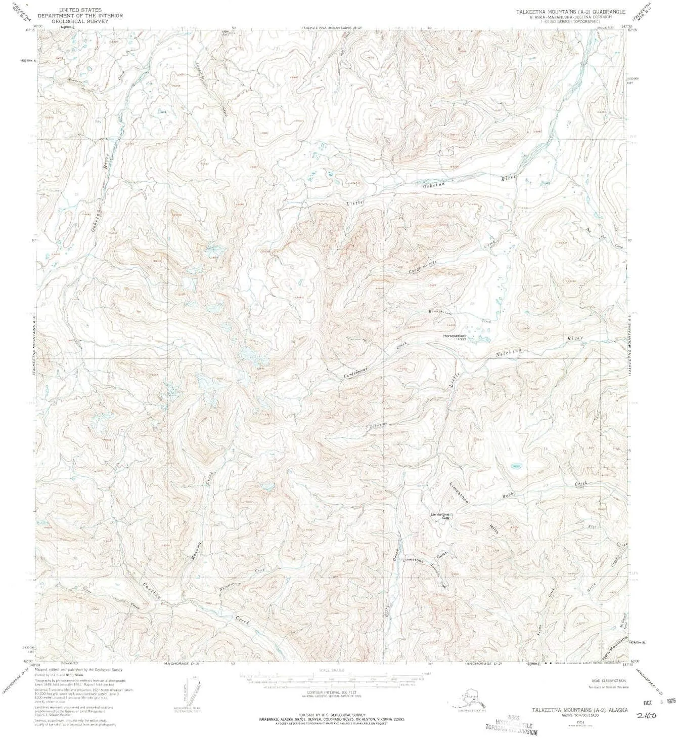Talkeetna Mountains A 2 AK topo map, 1:63360 Scale, 15 X 15 Minute, Historical, 1951, Updated 1975, 20.8 x 19.1 in