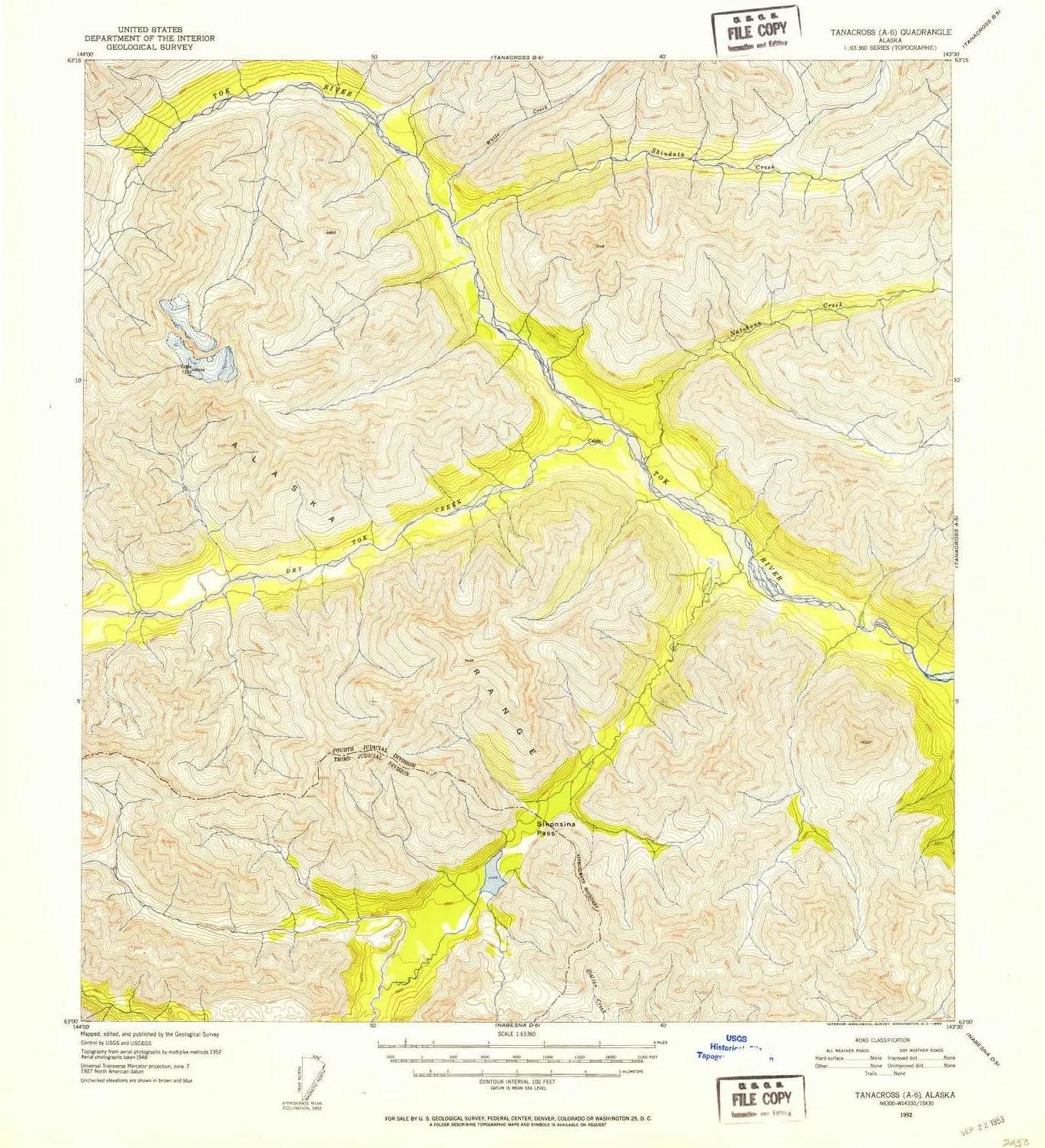 Tanacross A 6 AK topo map, 1:63360 Scale, 15 X 15 Minute, Historical, 1952, Updated 1953, 20.8 x 19 in