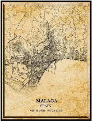 TANOKCRS Malaga Spain Vintage Map Poster Artwork Wall Art City Road Map Print Travel Souvenir Gift Home Decor Unframed