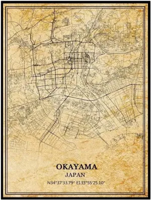 TANOKCRS Okayama Japan Vintage Map Poster Artwork Wall Art City Road Map Print Travel Souvenir Gift Home Decor Unframed