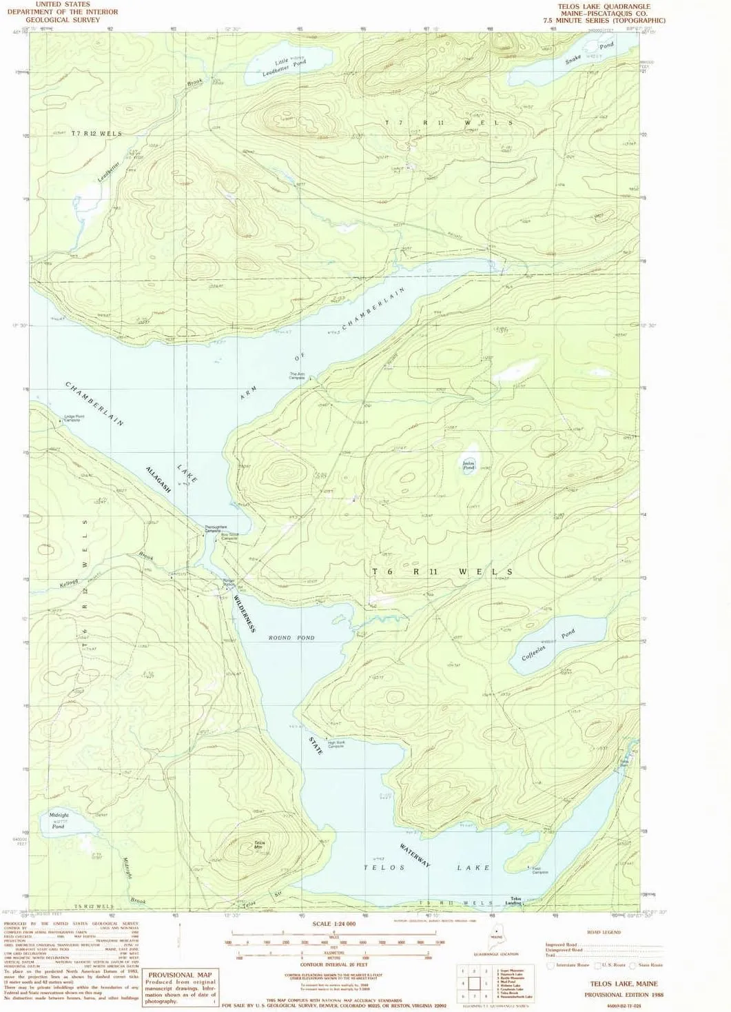 Telos Lake ME topo map, 1:24000 Scale, 7.5 X 7.5 Minute, Historical, 1988, Updated 1988, 26.8 x 21.5 in