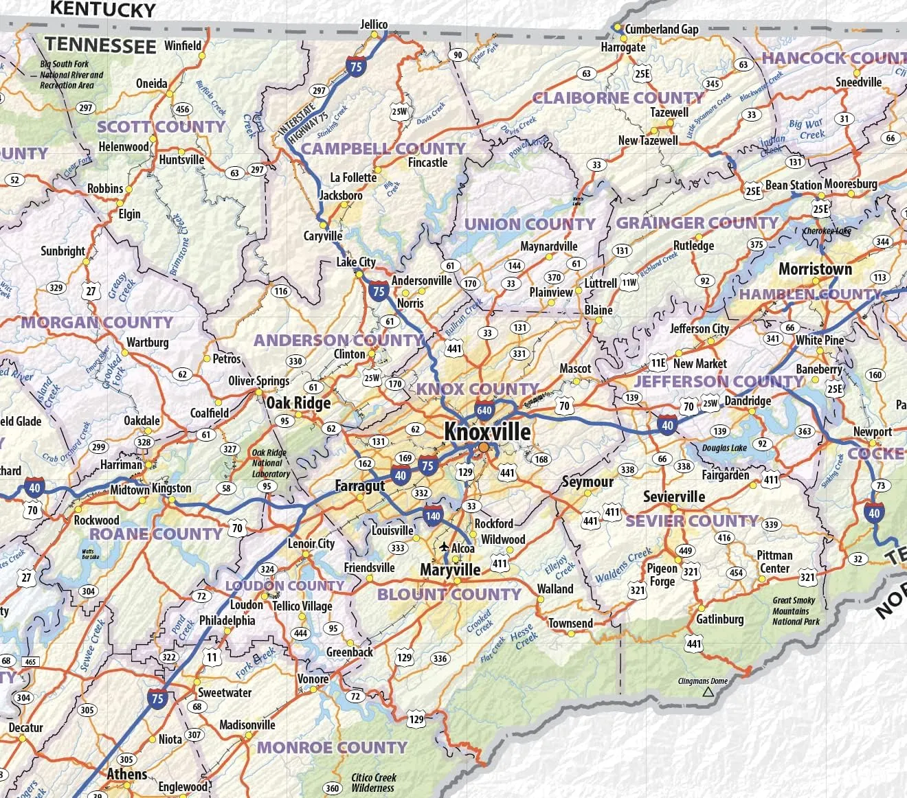 Tennessee Laminated Wall Map (84” wide x 30” high)
