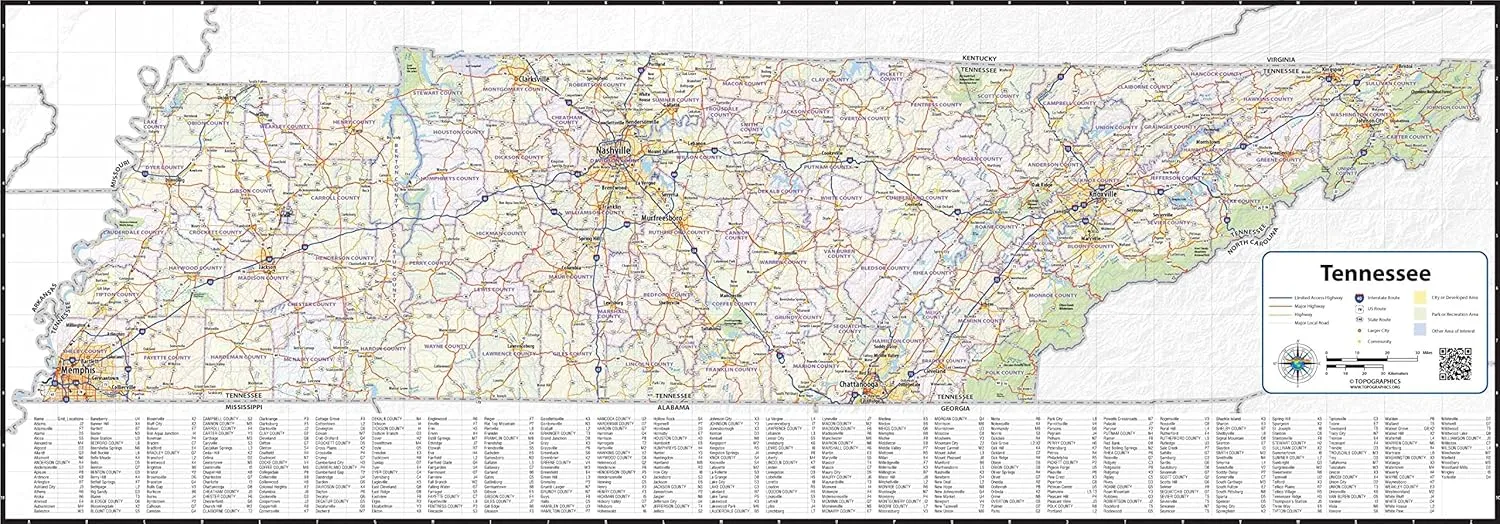 Tennessee Laminated Wall Map (84” wide x 30” high)