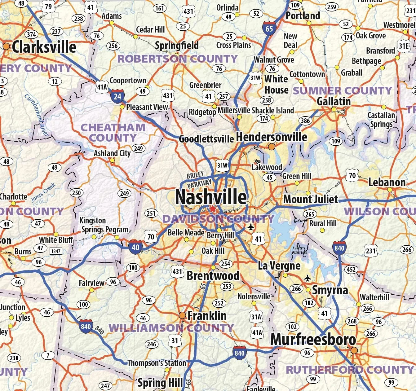 Tennessee Laminated Wall Map (84” wide x 30” high)