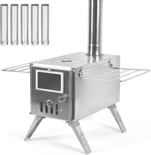 Tent Wood-Burning Stove - Indoor/Outdoor Camping Heater with Fire Window | Portable Foldable Fireplace for Campfire Cooking | Patio & Survival Heating (Stainless Steel   Spark Screen)