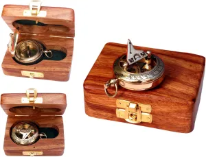The Vintage Venue Antique Brass Nautical Compass with Wooden Case – Copper Sun Dial for Camping Hiking Touring – Engraved Gift for Him, Outdoor Explorer, and Nautical Enthusiasts